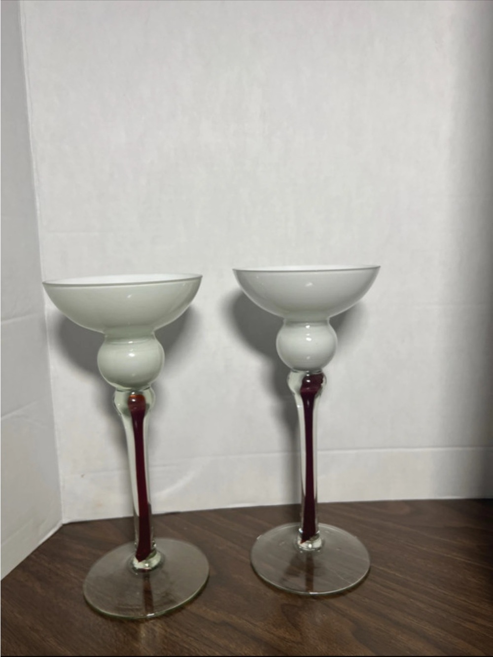 White Glass Candle Holders with Burgundy Stem - Home Accents